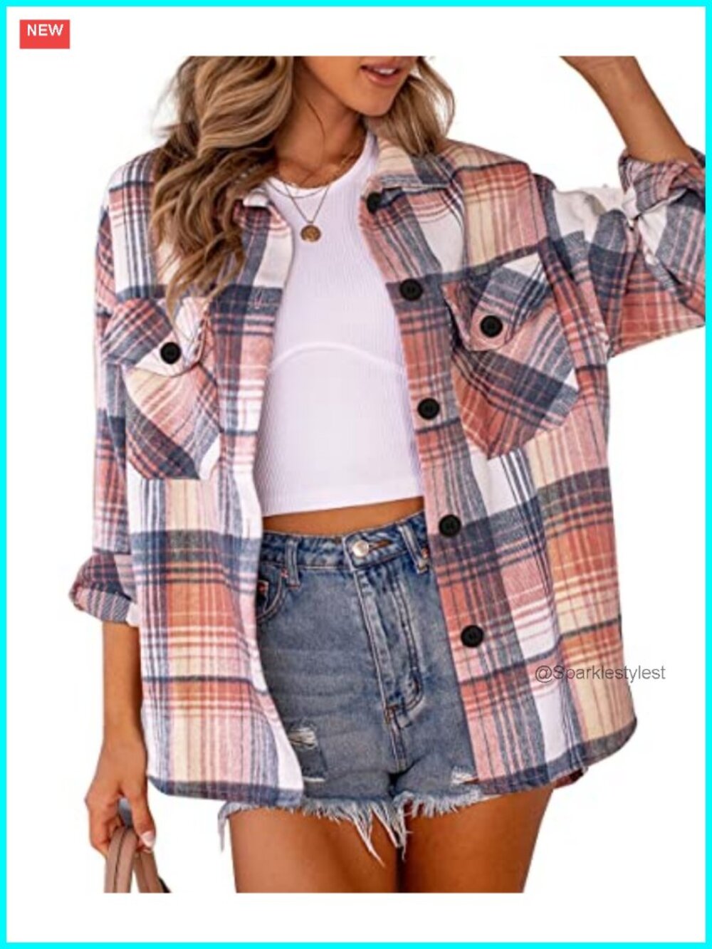 Women's Plaid Button-Down Shacket Loose Fit Polyester Long Sleeve